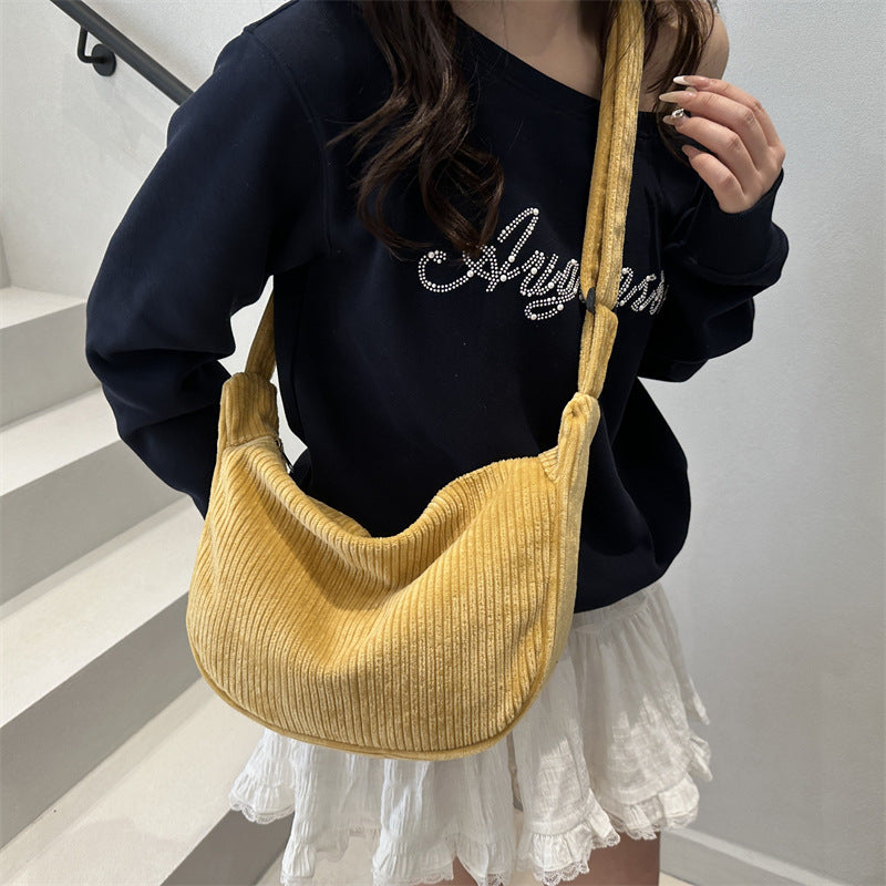 Romantic Large Capacity Crescent Bag Japanese Style Casual Trendy Sweet Solid Color Corduroy Minimalist Shoulder Bag