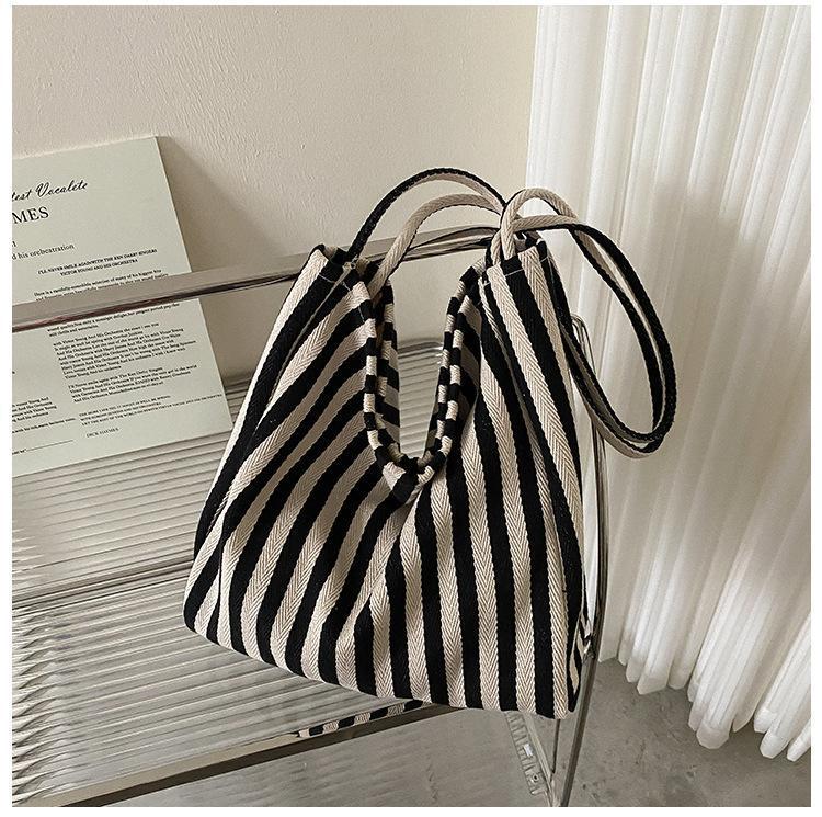 Simple Stripe Canvas Tote Bag for Women, Minimalist Ins Style, Bohemian Casual Fashion, Spring Summer Shopping Bag, Shoulder Handbag, Large Capacity